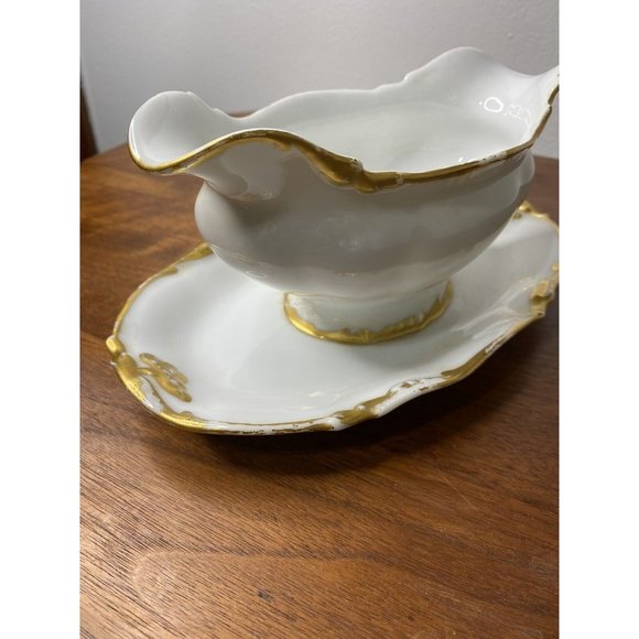 Limoges France Gravy Boat Dish Serving Bowl White Gold Scalloped Porcelain - Picture 4 of 11